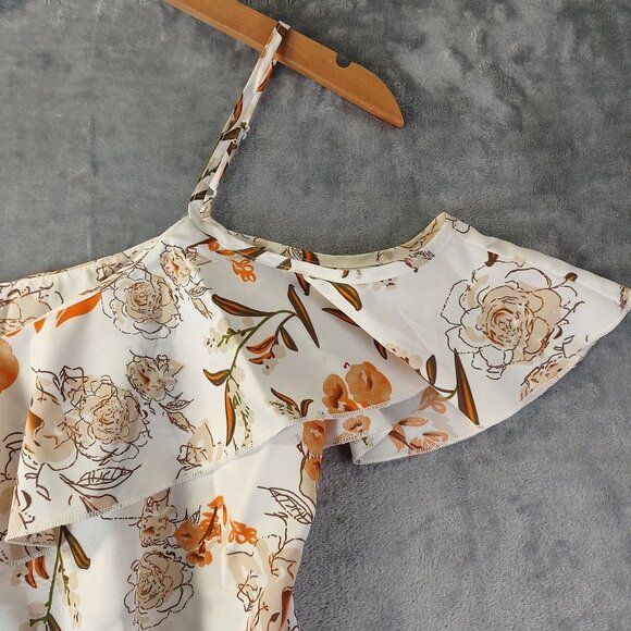 Shein Womens Floral Cold Shoulder Ruffle Top‎ S White Orange Summer Boho Casual - Picture 2 of 9